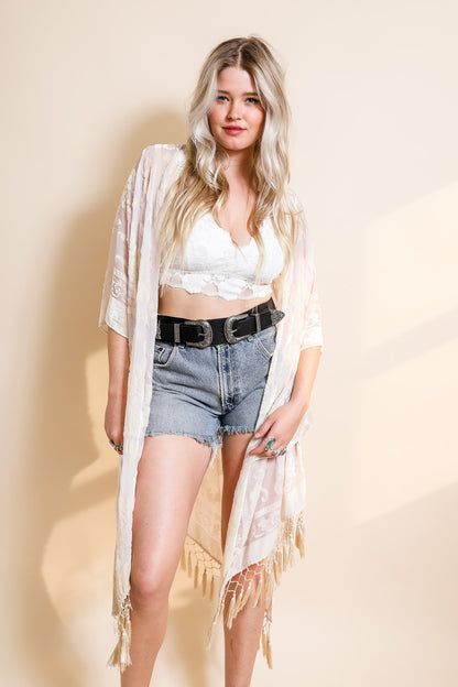 Velvet Mesh Tapestry Kimono - Nude, front view on model - Be Juliet