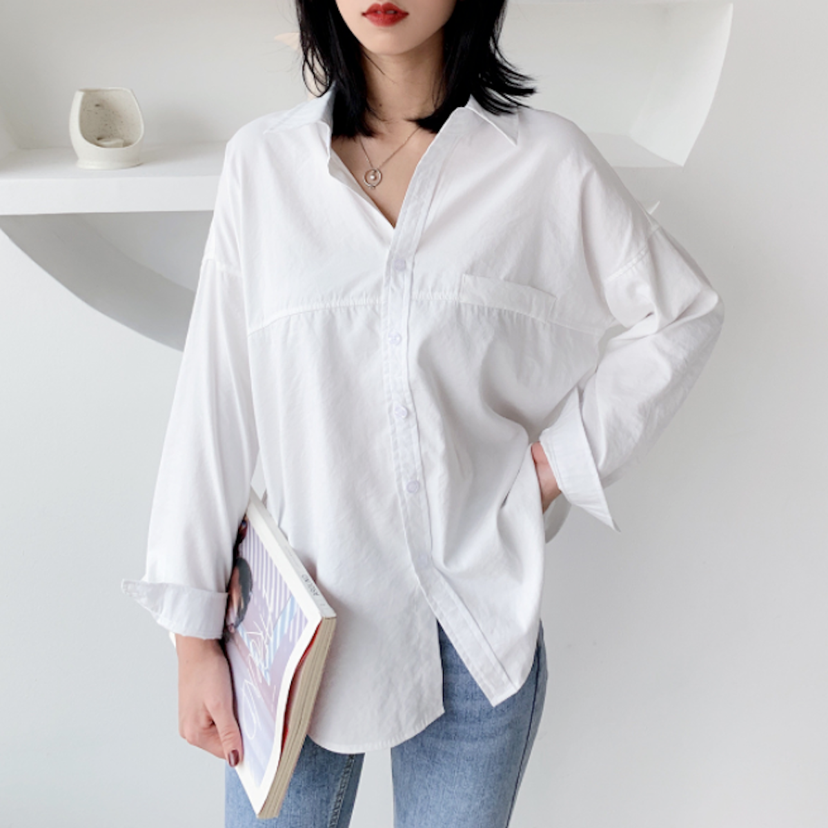 Womens Relaxed Fit Longline Shirt - front close-up view on model, chest pocket and button-front placket - Be Juliet