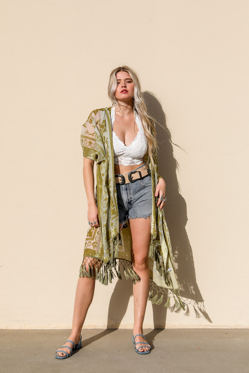 Velvet Mesh Tapestry Kimono - Black, back view on model - Be Juliet