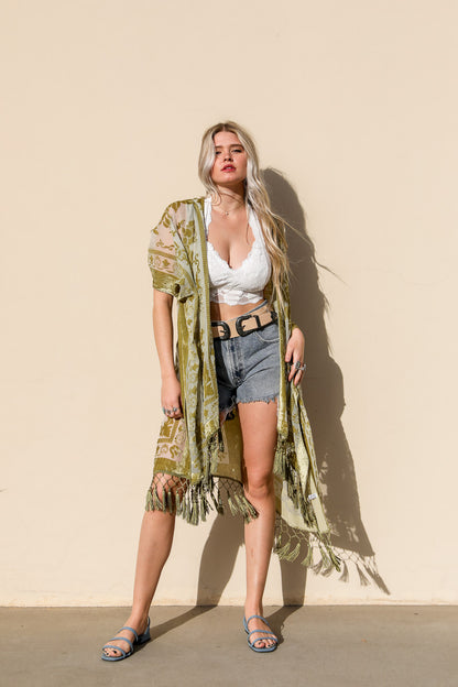 Velvet Mesh Tapestry Kimono - Black, back view on model - Be Juliet