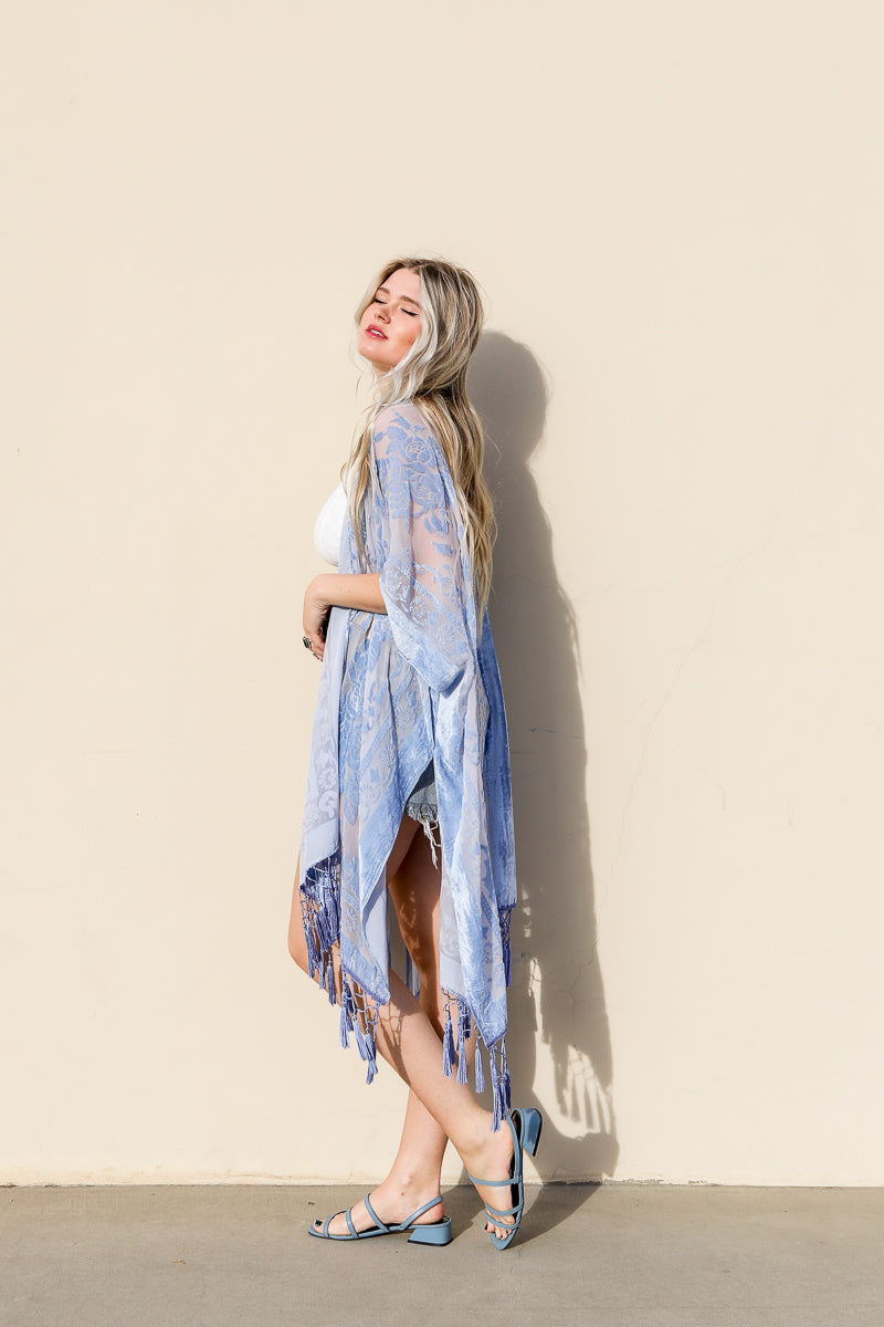 Velvet Mesh Tapestry Kimono - Mustard, back view on model - Be Juliet