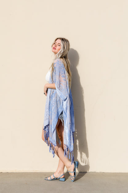 Velvet Mesh Tapestry Kimono - Mustard, back view on model - Be Juliet