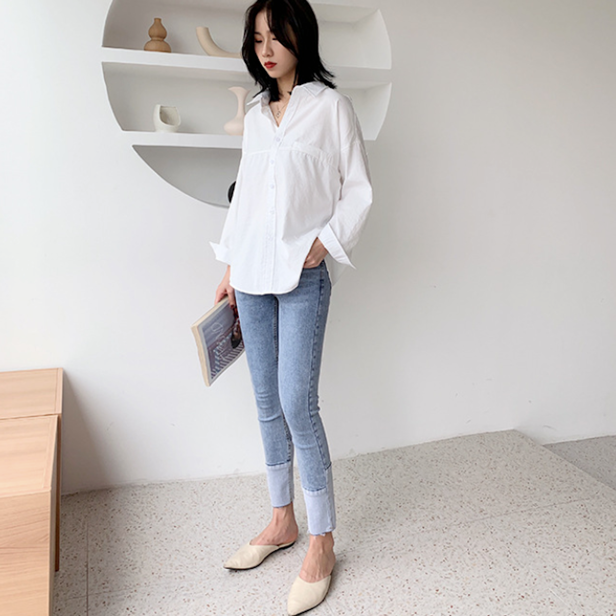 Womens Relaxed Fit Longline Shirt - front full-length view on model, relaxed longline hem - Be Juliet
