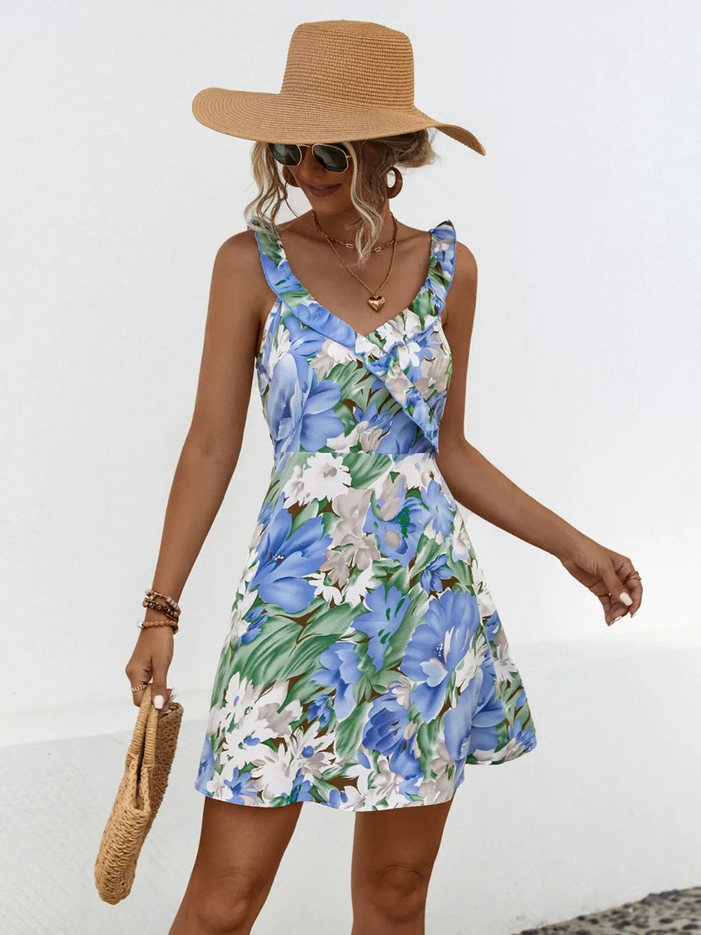 The Margot — Ruffled Surplice Mini Dress - Blue, full-length with accessories - Be Juliet