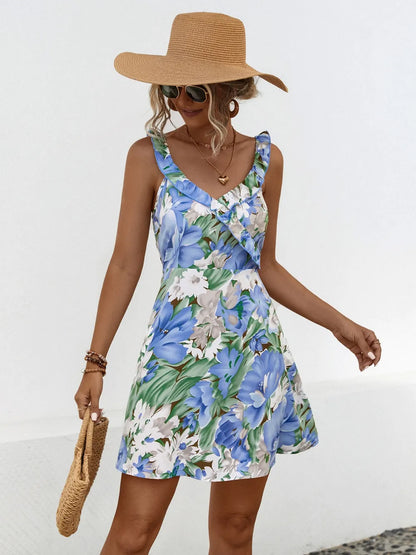 The Margot — Ruffled Surplice Mini Dress - Blue, full-length with accessories - Be Juliet