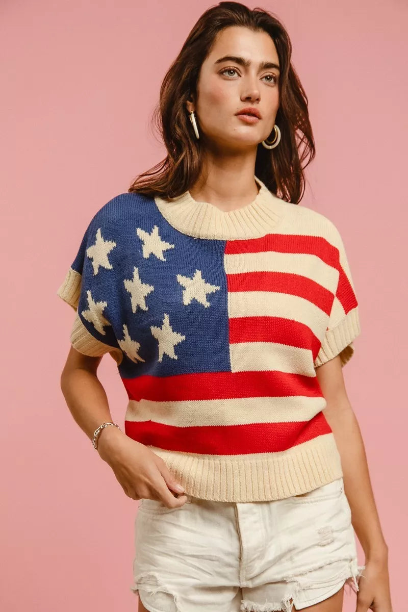 The Liberté — Star Patches American Flag Sleeveless Sweater - Vivid Red, ribbed hem detail - Be Juliet