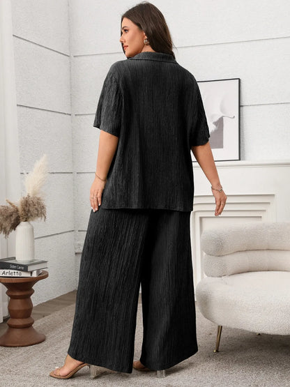 Tie Front Short Sleeve Top & Pants Set – Plus Size - Black, close-up detail - Be Juliet