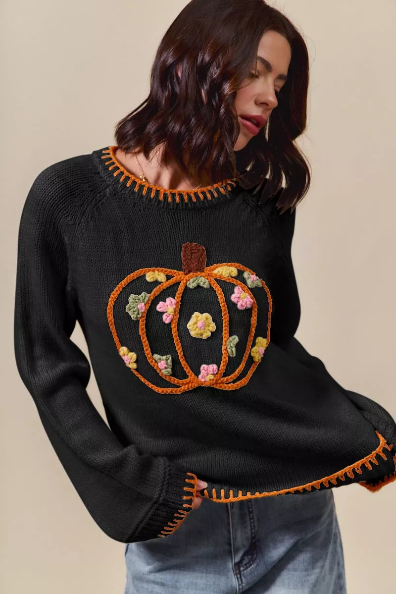 SO ME Pumpkin Floral Embroidered Sweater - Be Juliet