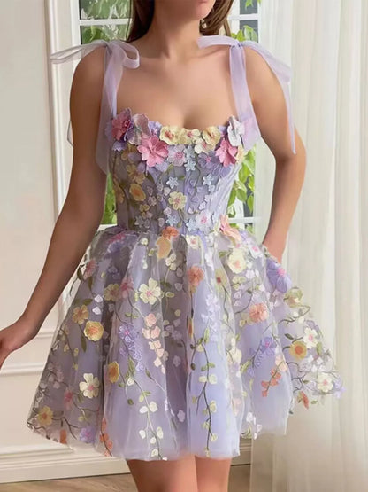 Floral Applique Tie Shoulder Mini Dress - Light Purple, front close-up, 3D applique bodice and tie bow straps - Be Juliet