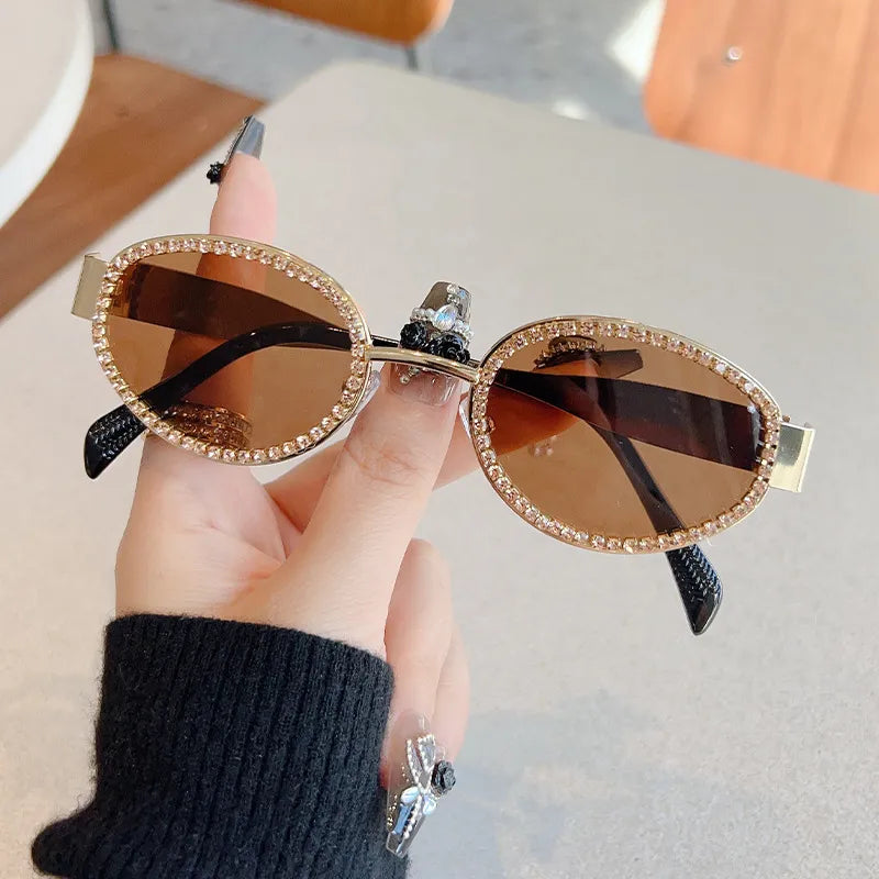 Rhinestones Decor Oval Sunglasses - styleB, front view on model - Be Juliet