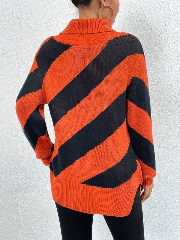 Chic Stripes Dropped Shoulder Turtleneck Sweater