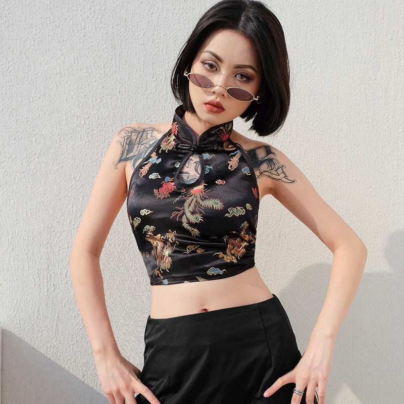 Lana Dragon Embroidered Halter Vest – Noir - Be Juliet