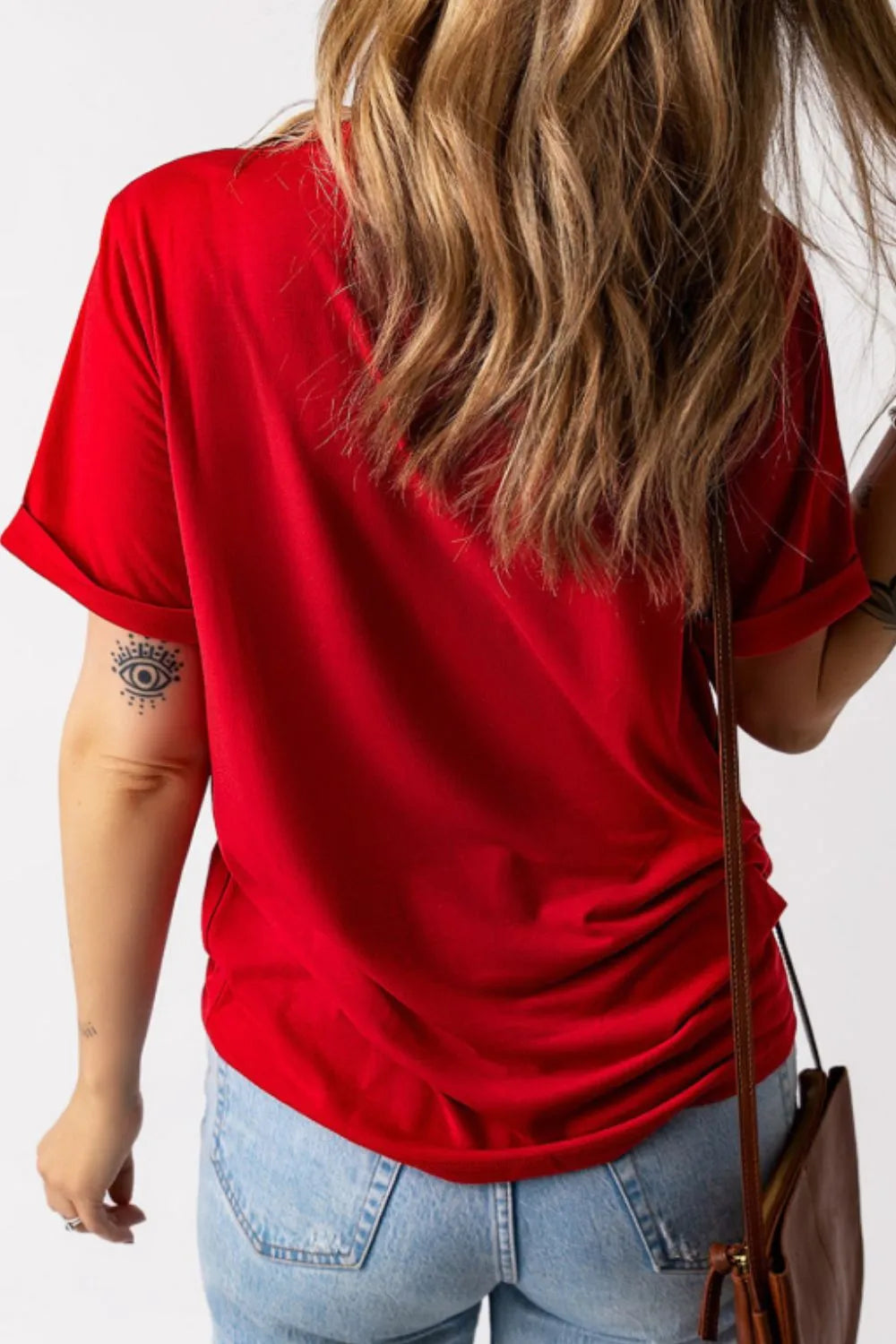 USA American Flag Crewneck T Shirt - Red, side view on model - Be Juliet