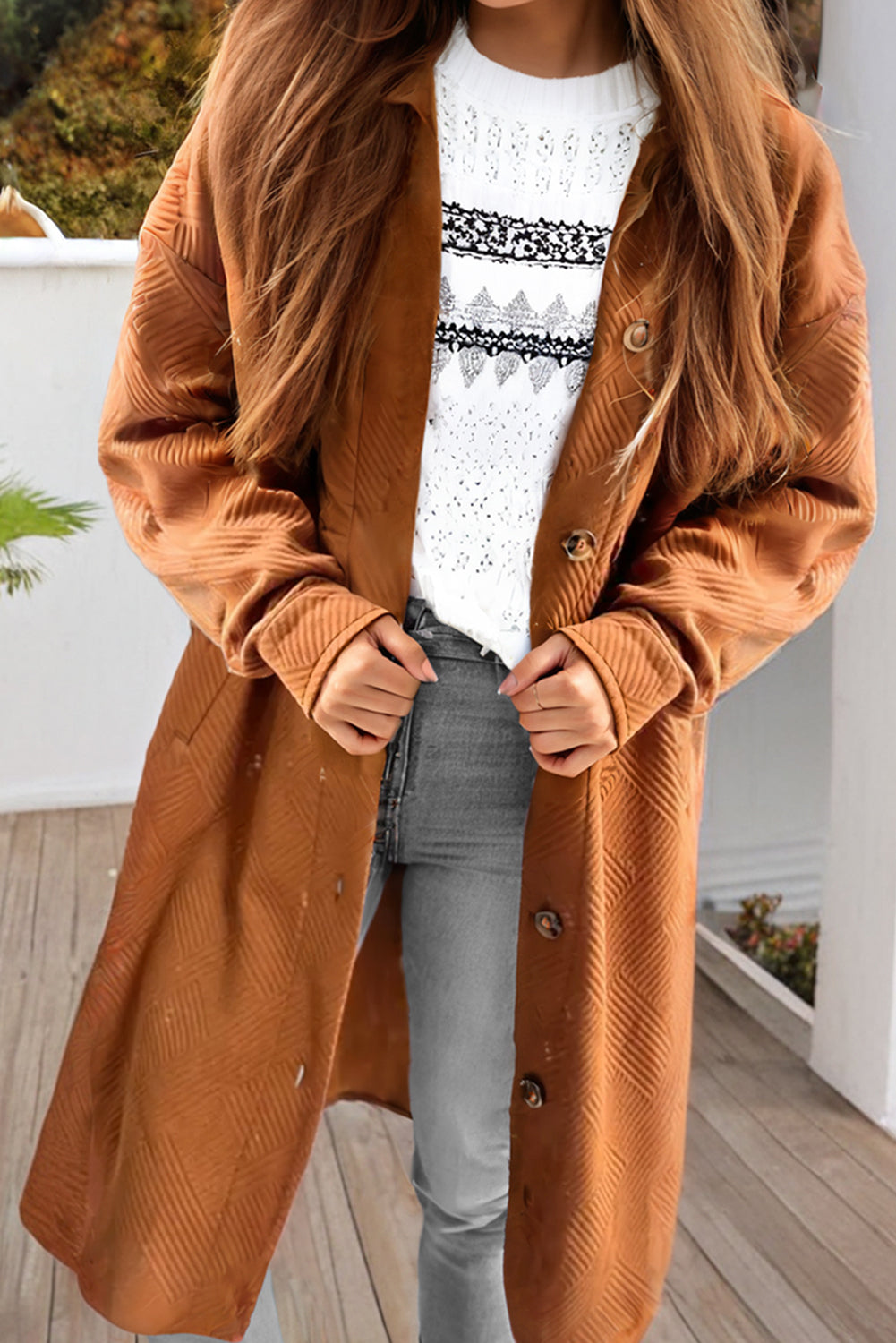 Textured Collared Button-Up Drop Shoulder Coat - Be Juliet