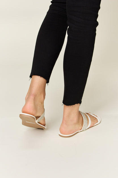 WILD DIVA Rhinestone Strappy Flat Sandals - White, side profile view - Be Juliet