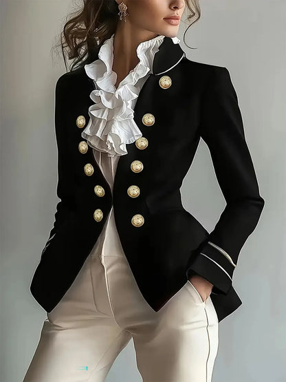 Decorative Button High-Low Blazer with Cuff Trim - Black, front view on model - Be Juliet