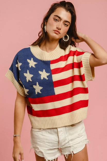 The Liberté — Star Patches American Flag Sleeveless Sweater - Vivid Red, intarsia knit close-up - Be Juliet