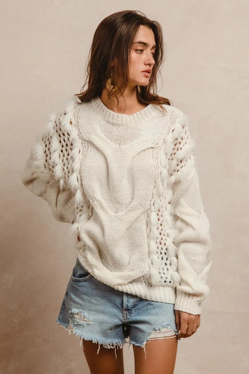 BIBI Faux Fur Detailed Pointelle Cable Knit Sweater - Be Juliet