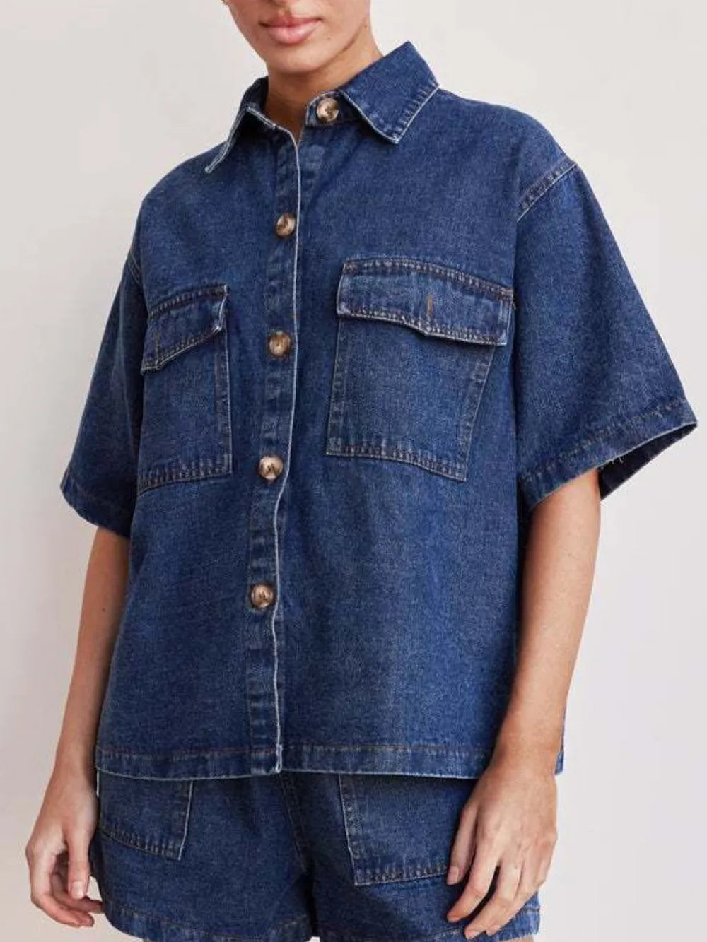 Kati Button Up Half Sleeve Denim Shirt - Medium, back view on model - Be Juliet