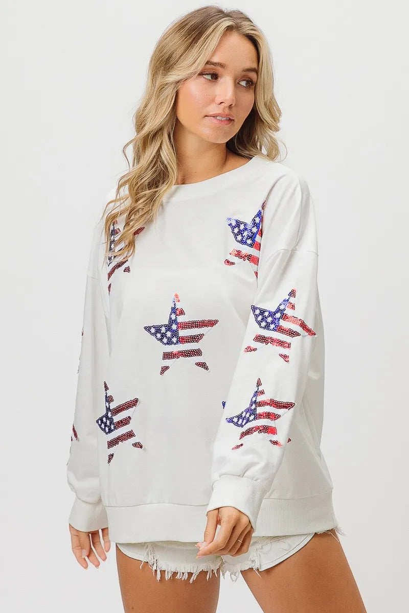 Sequin Star Flag Sweatshirt – Oversized Fit - OFF WHITE, close-up detail - Be Juliet