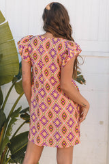 Geometric Floral V-Neck Button-Front Mini Dress