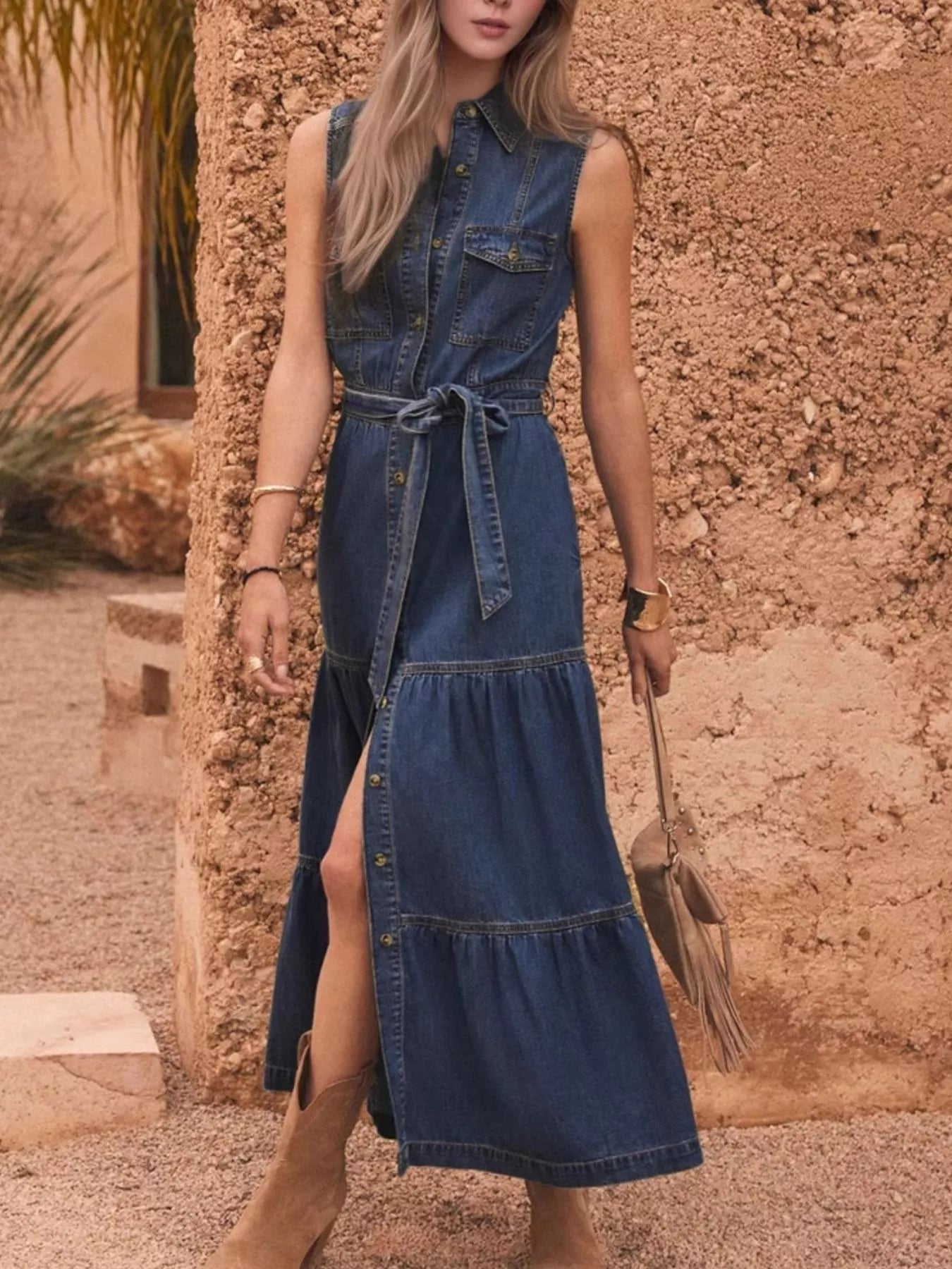 Button Front Sleeveless Denim Dress - Be Juliet