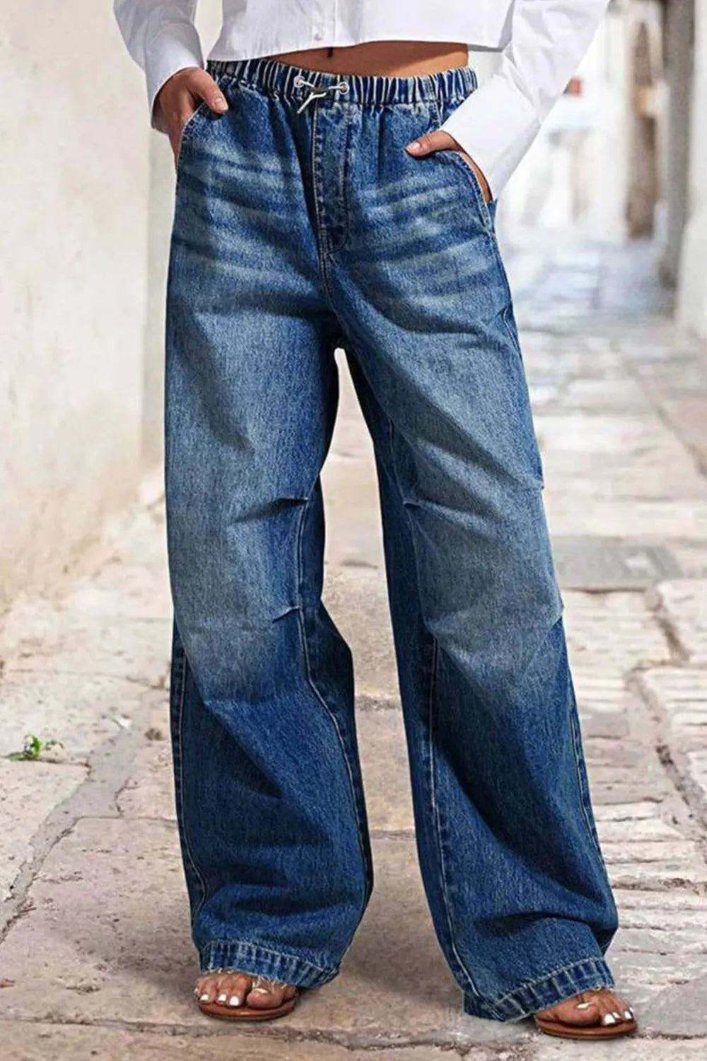 Manon Shirred Wide-Leg Jeans – Drawstring Waist - Be Juliet