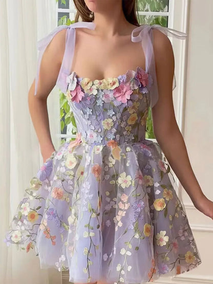 Floral Applique Tie Shoulder Mini Dress - Light Purple, front full-length view on model, embroidered tulle skirt - Be Juliet