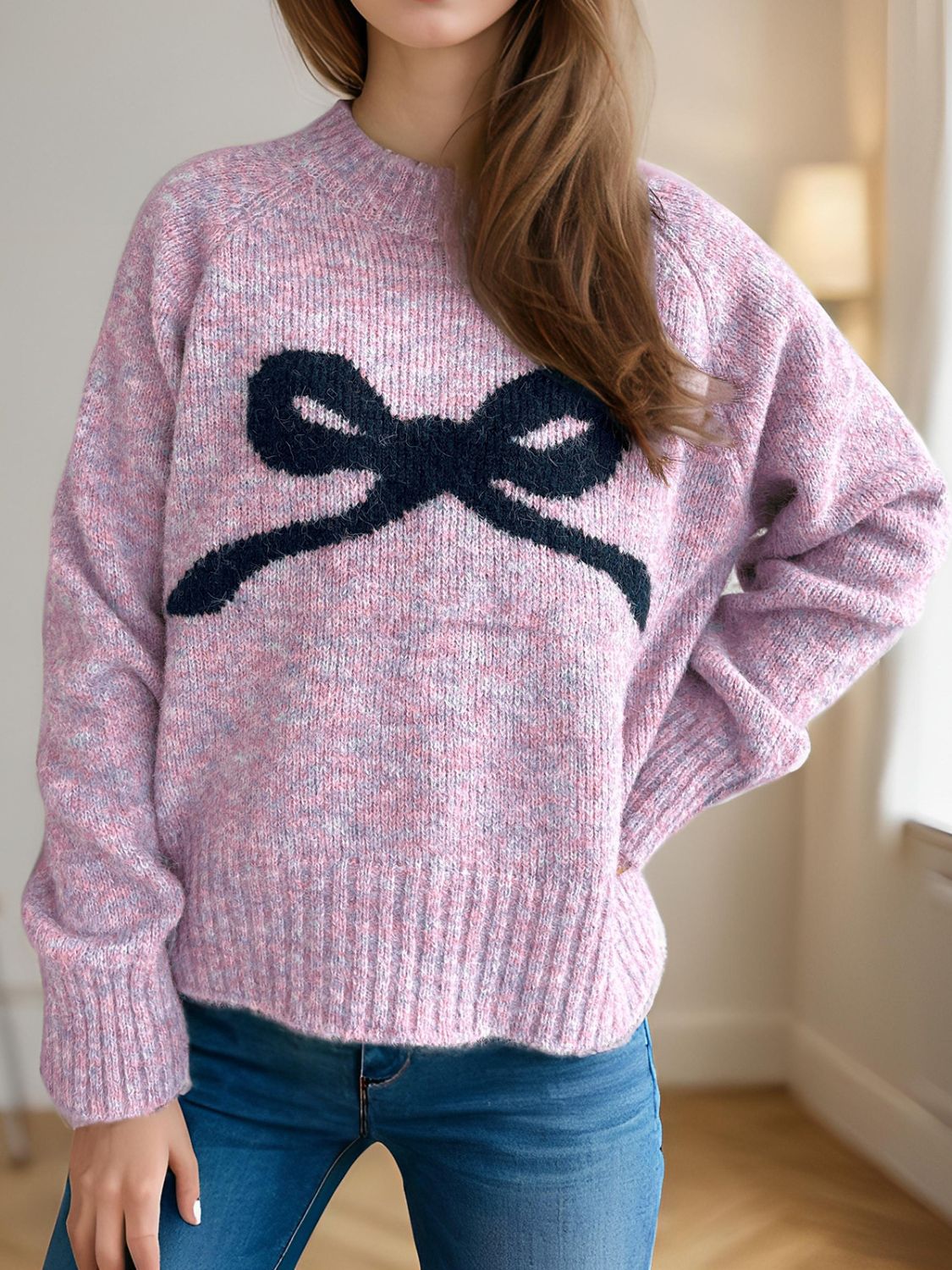 Bow Round Neck Long Sleeve Sweater - Pink Purple, front view on model - Be Juliet