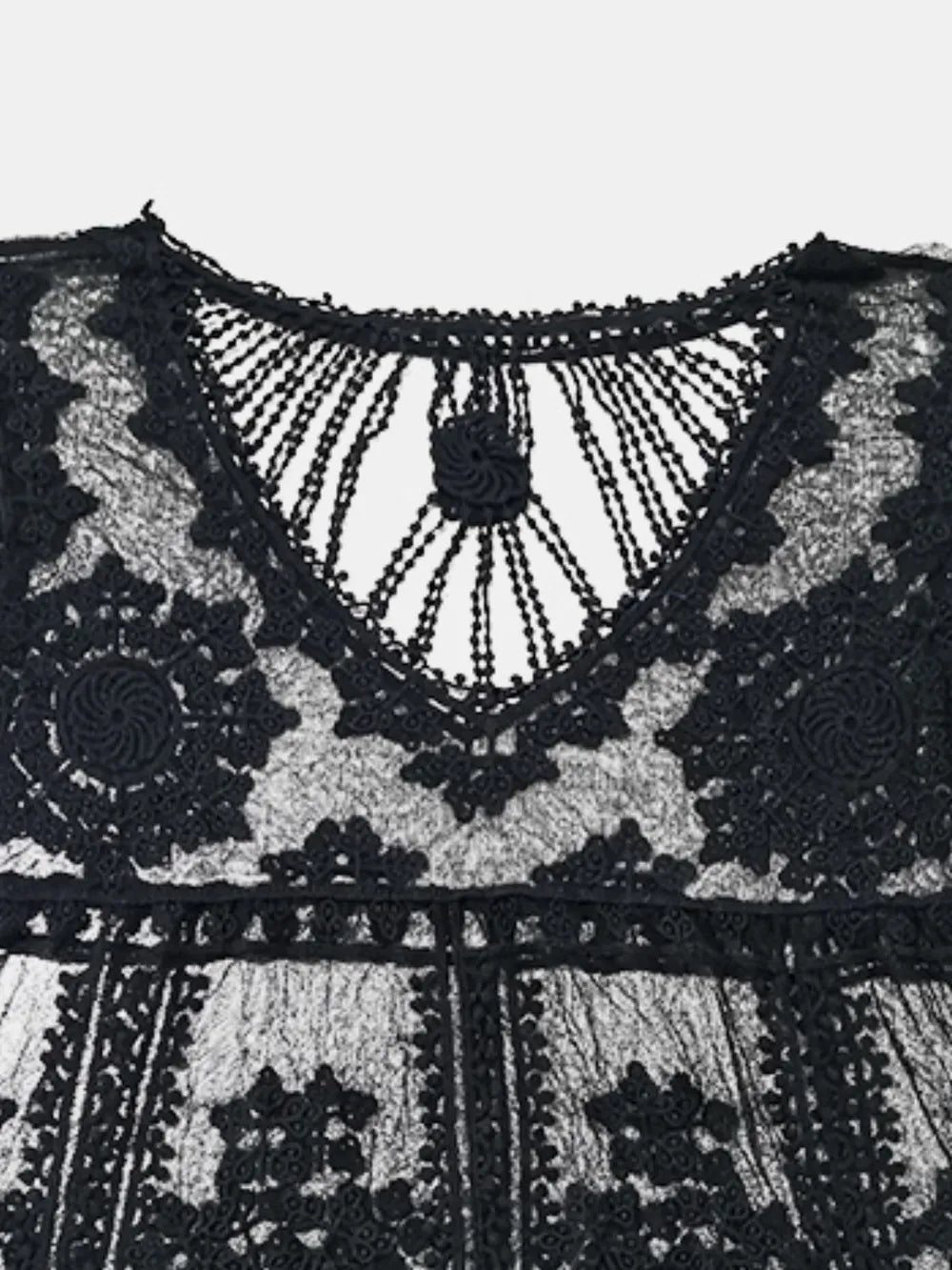 Lace Round Neck Cover-Up - Black, neckline close-up, crochet V-detail - Be Juliet
