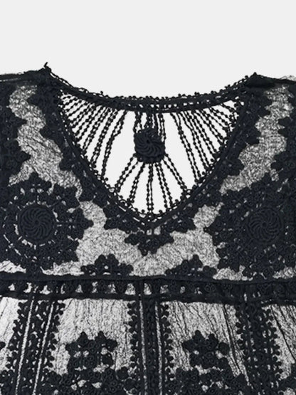 Lace Round Neck Cover-Up - Black, neckline close-up, crochet V-detail - Be Juliet