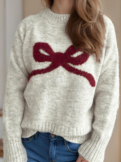 Bow Round Neck Long Sleeve Sweater - Beige, back view on model - Be Juliet