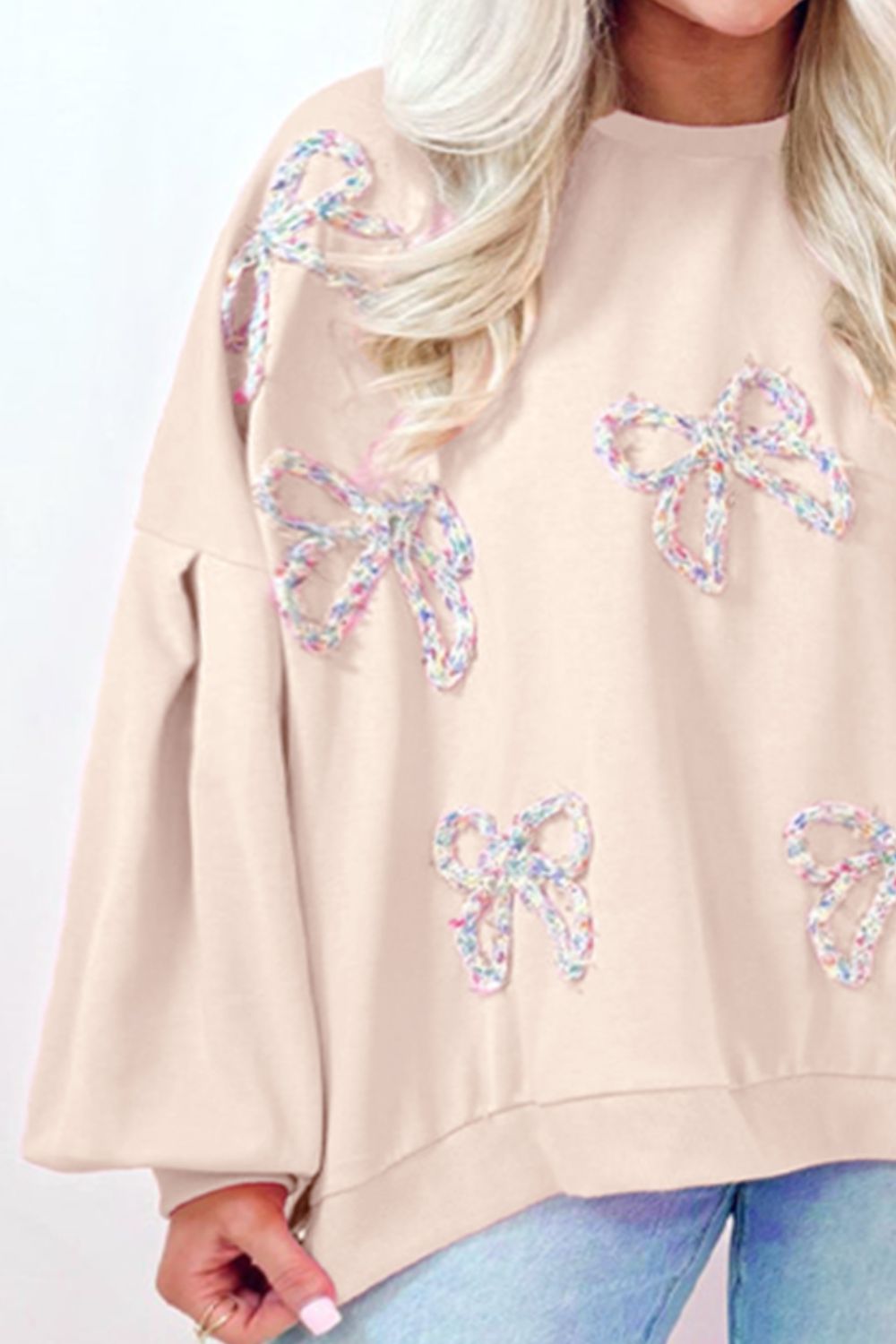 Bow Round Neck Long Sleeve Sweatshirt - Blush Pink, flat lay front view - Be Juliet