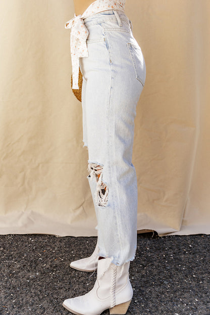Distressed Raw Hem Jeans with Pockets - Light, full-length view on model - Be Juliet