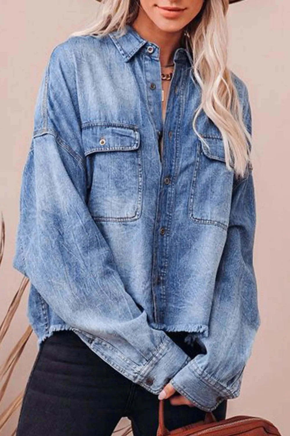 Collared Neck Raw Hem Long Sleeve Denim Shirt - Light, 3/4 angled view on model - Be Juliet
