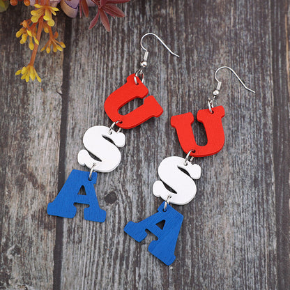 USA Wooden Letter Dangle Earrings - flat lay showing pair detail - Be Juliet