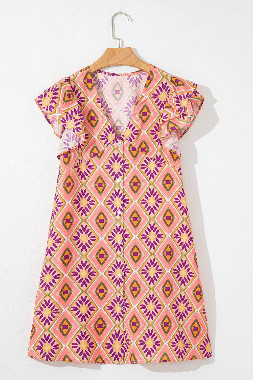 Geometric Floral V-Neck Button-Front Mini Dress - Orange, fabric print close-up detail - Be Juliet