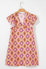 Geometric Floral V-Neck Button-Front Mini Dress