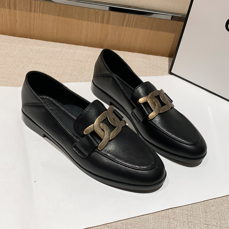 Cowhide Leather Flats Loafers - Black, front view on model - Be Juliet