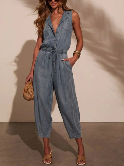 Sleeveless Drawstring Waist Washed Denim Jumpsuit - Be Juliet
