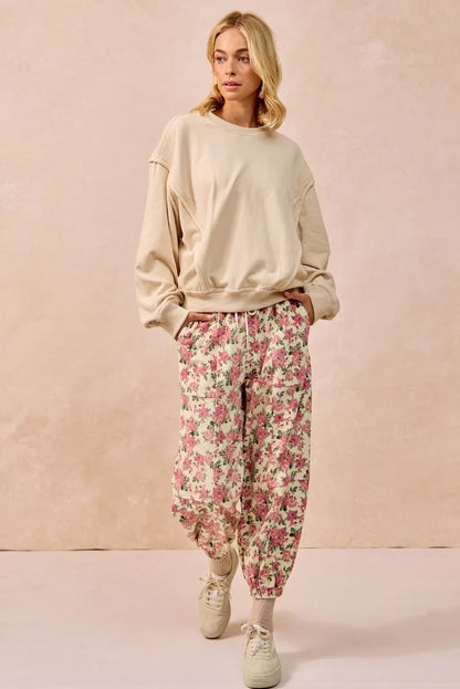 Floral Printed Twill Drawstring Pants - Be Juliet