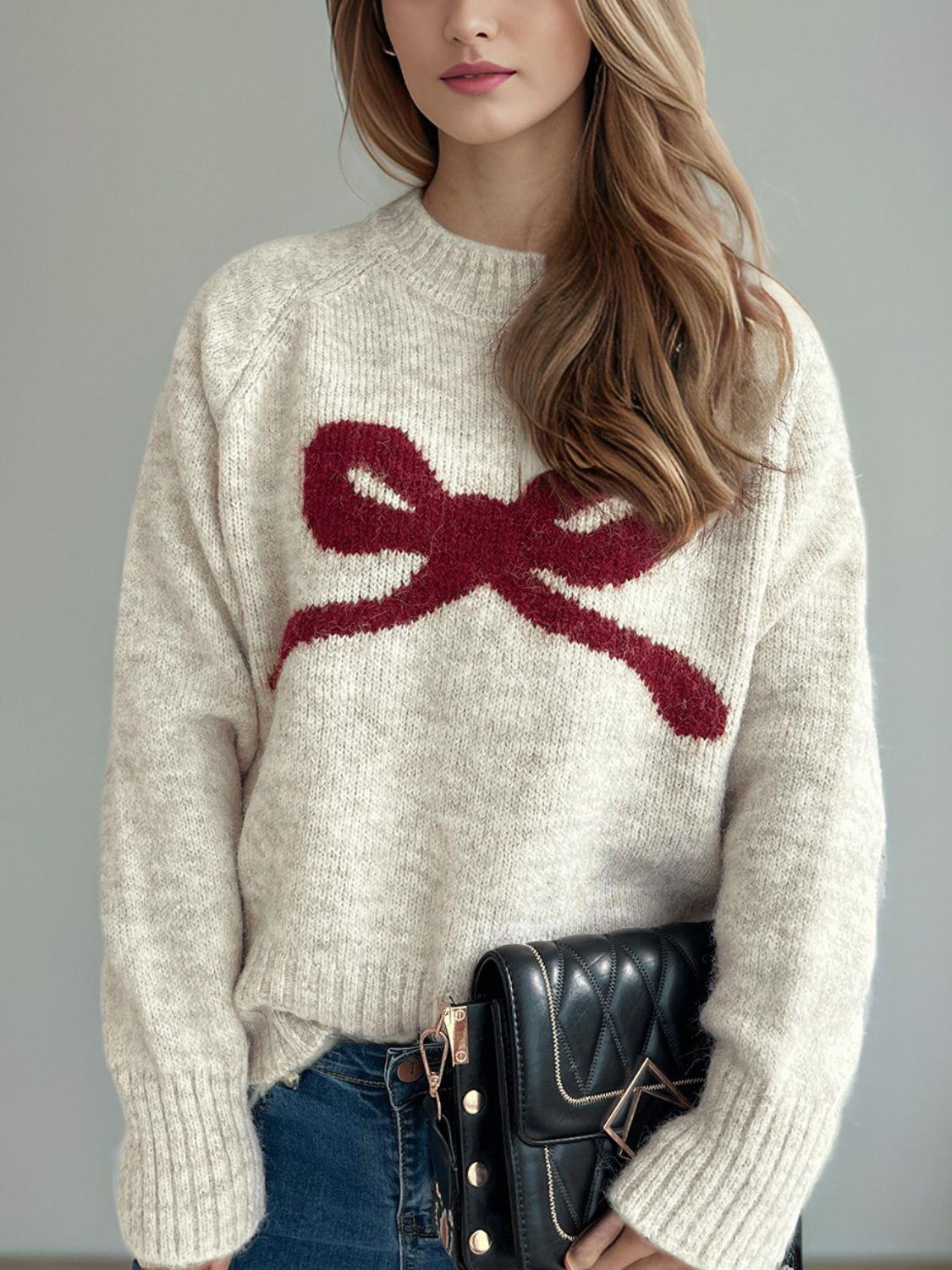 Bow Round Neck Long Sleeve Sweater - Beige, front view on model - Be Juliet
