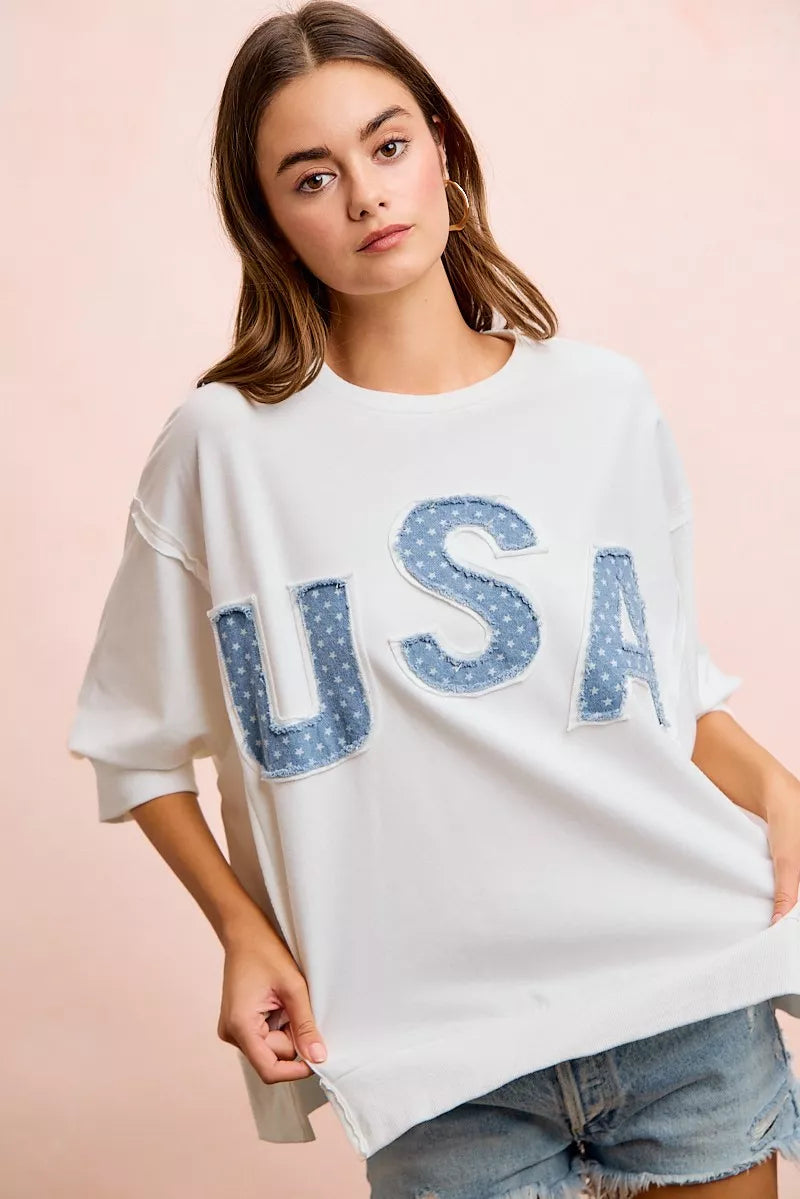 BiBi 4th Of July Usa Letter Patchwork French Terry Top - Ivory, back view on model - Be Juliet