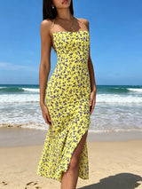 Floral Print Halter Neck Backless Slit Midi Dress - Be Juliet
