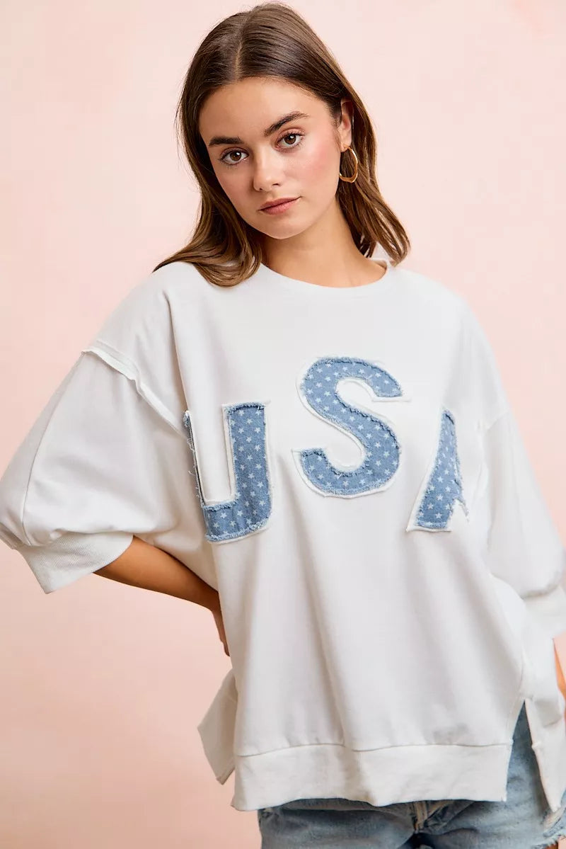 BiBi 4th Of July Usa Letter Patchwork French Terry Top - Ivory, side view on model - Be Juliet