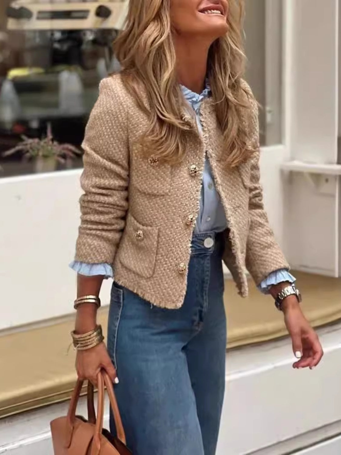 Raw Hem Pocketed Round Neck Jacket - Be Juliet