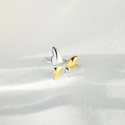 925 Sterling Silver Butterfly Ring - Gold, stacked with other rings on model - Be Juliet