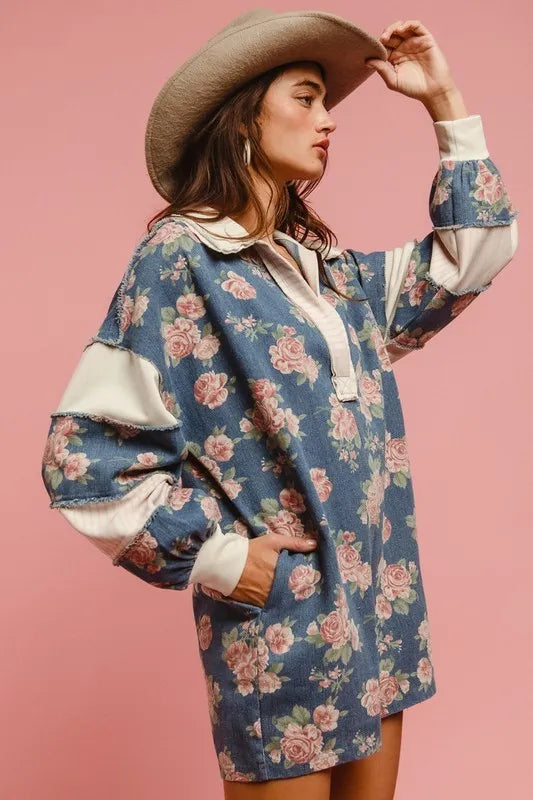 Chantalle Floral Denim Romper – Contrast Collar - Be Juliet