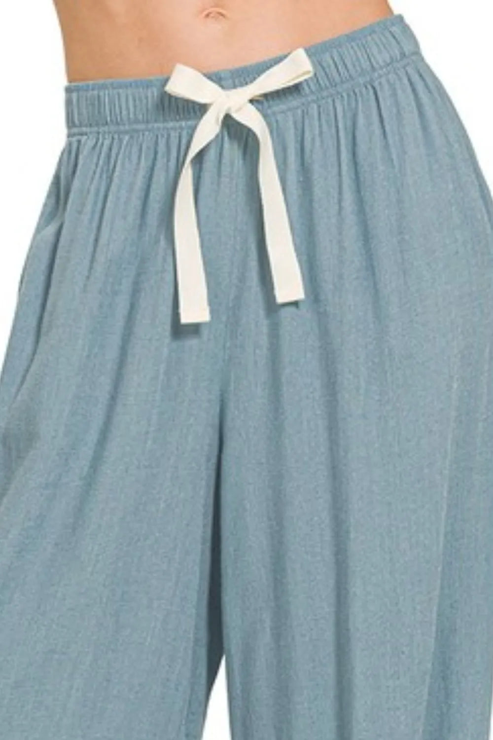 Zenana Linen Drawstring Pants - BLUE GREY, drawstring waist detail - Be Juliet