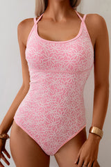 Pink Corded Flower Texture Spaghetti Straps Halterneck One Piece